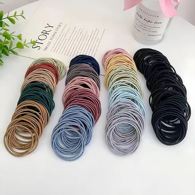 New 100Pcs/Set Women 5CM Basic Nylon Elastic Hair Bands Ponytail Hair Scrunchie Rubber Bands Headband Hair Accessories Headwear